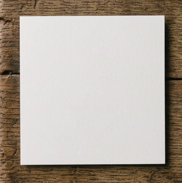 Small square postcard-style card lying on a rustic wooden surface