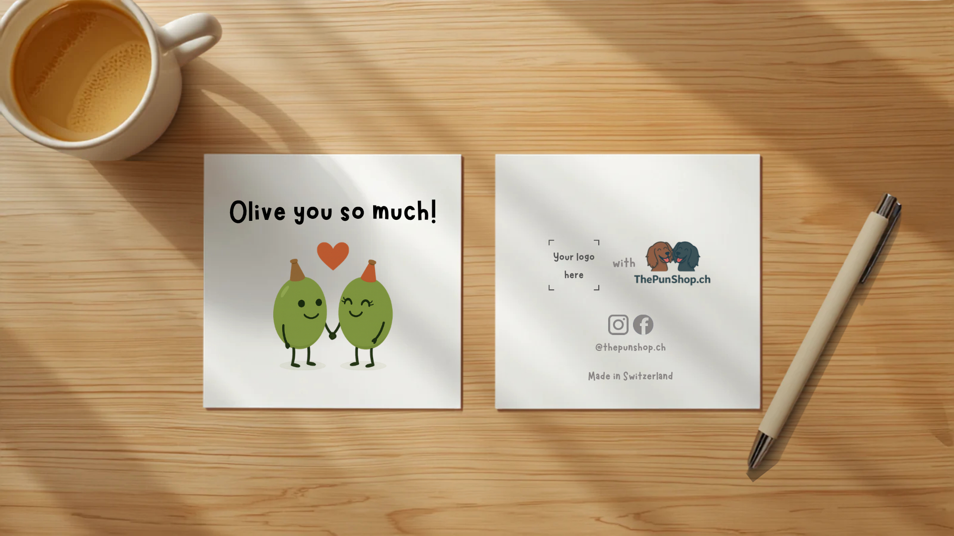 Custom "Olive you so much!" business cards, front and back, on a desk