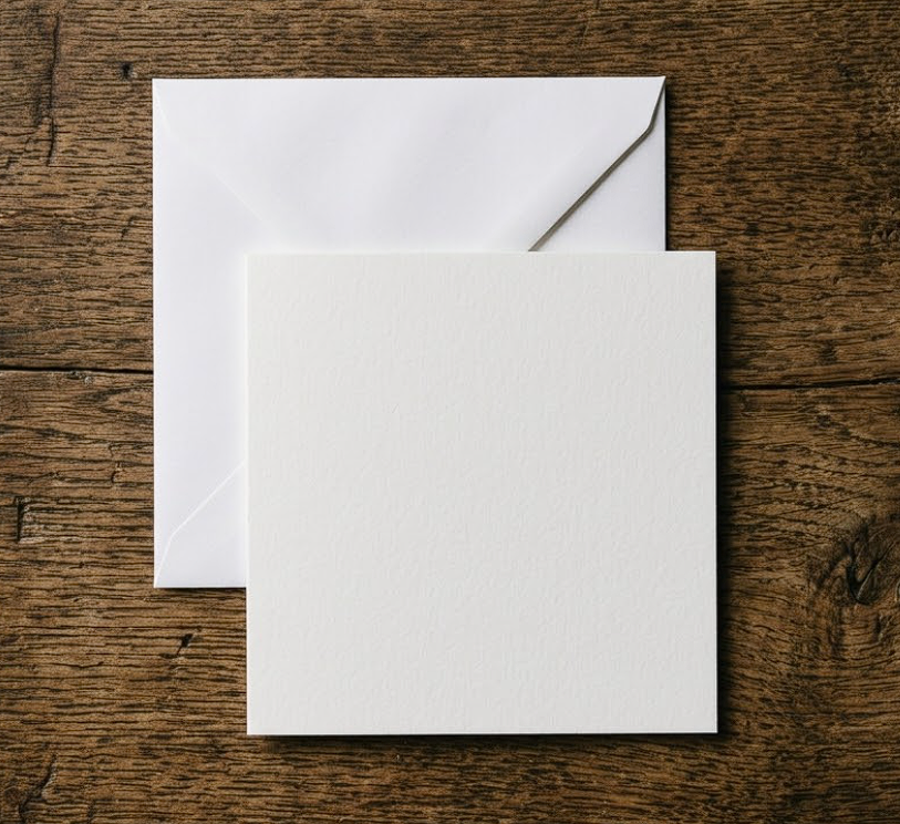 Small square card with a white envelope on a rustic wooden surface