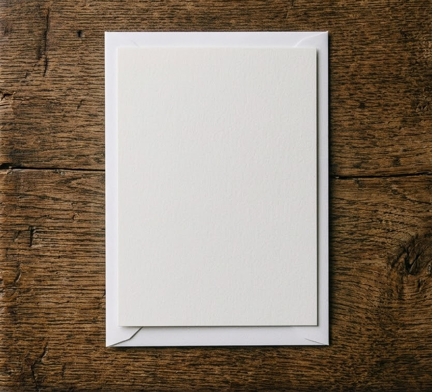A6 rectangular card with a white envelope on a rustic wooden surface