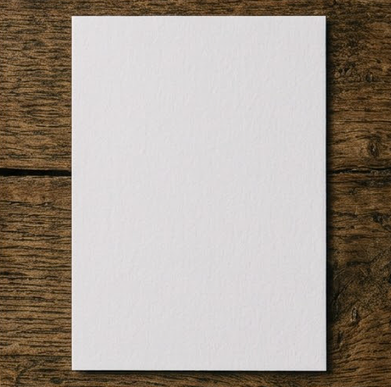 Rectangular postcard-style card lying on a rustic wooden surface